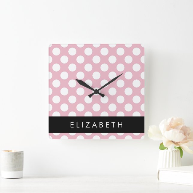 Pink Polka Dots, Polka Dot Pattern, Your Name Square Wall Clock (Home)