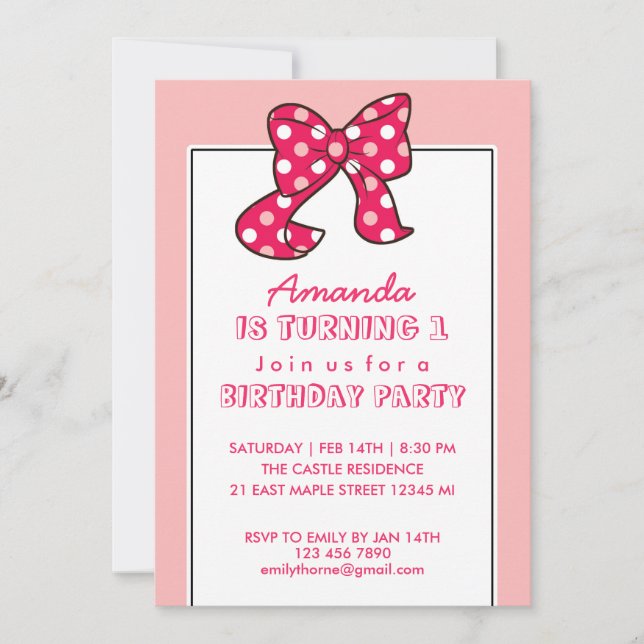 Pink Polka Dots Ribbon and Bow Birthday Invitation (Front)