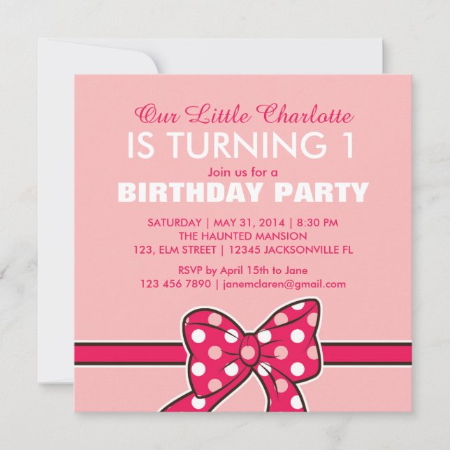 Pink Polka Dots Ribbon Birthday Invitation for Kid (Front)
