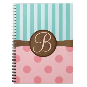 Pink polka dots teal stripes   monogram notebook