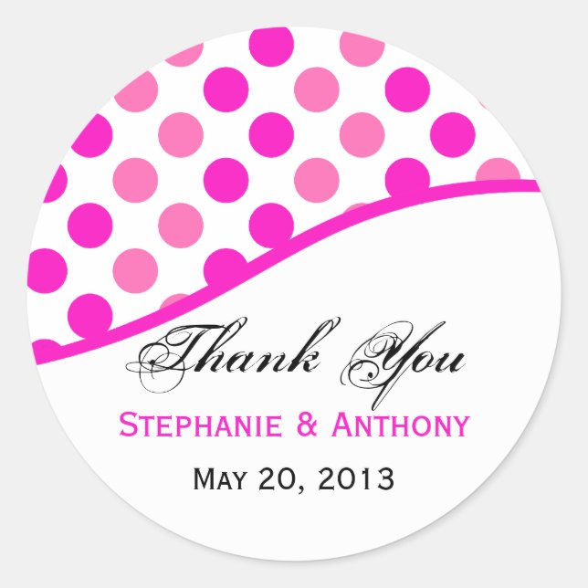 Pink Polka Dots Wedding Thank You Classic Round Sticker (Front)
