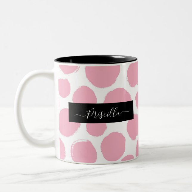 Pink Polka Dots with Custom Name Two-Tone Coffee Mug (Left)
