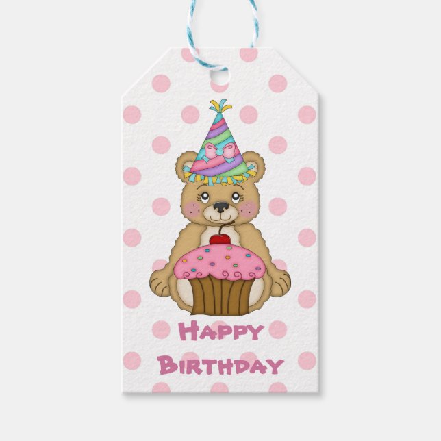 Pink Polkadot Bear Birthday Gift Tags (Front)
