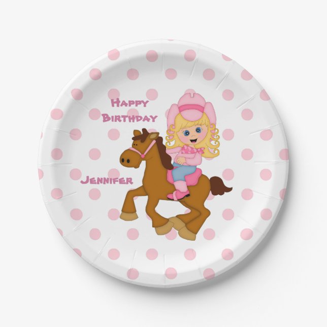 Pink Polkadot Cowgirl Birthday Paper Plate (Front)