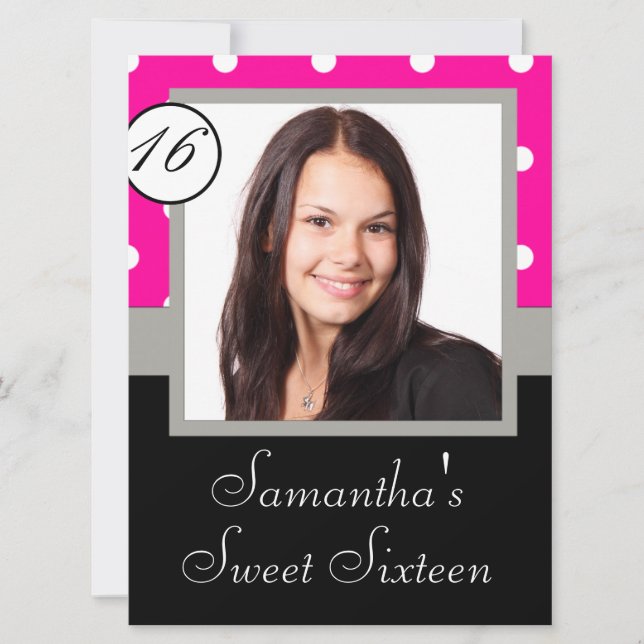 Pink polkadot sweet sixteen invitation (Front)