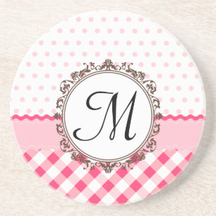 Pink Polkadots, Checks and Stripes with Monogram Coaster