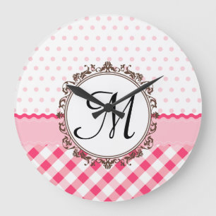 Pink Polkadots, Checks and Stripes with Monogram Large Clock