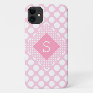 Pink Polkadots Monogram Girly Modern Simple iPhone 11 Case