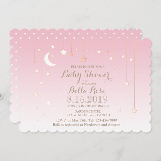 Pink Polkda Dots Moon Star Baby Shower Invite (Front/Back)