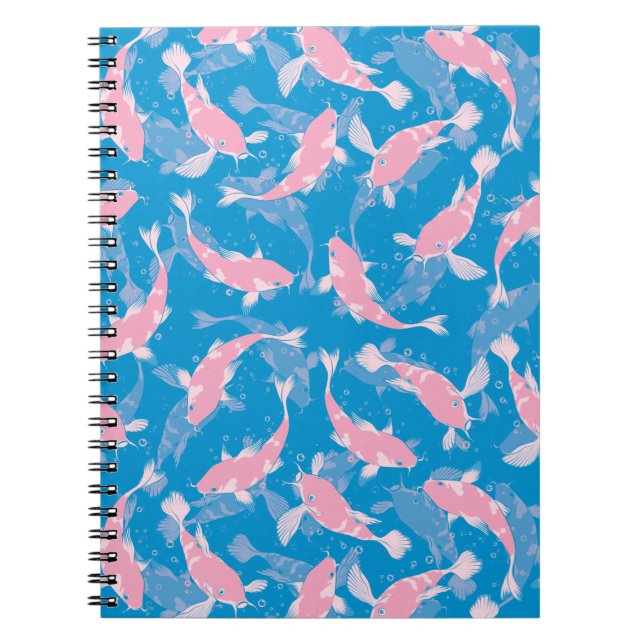 Pink Pond Fishes and Blue Water - Koi Fish Pattern Notebook (Front)