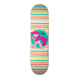 Pink Pony; Bright Rainbow Stripes Skateboard