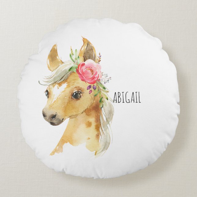 Pink Pony Custom Name Round Pillow (Front)