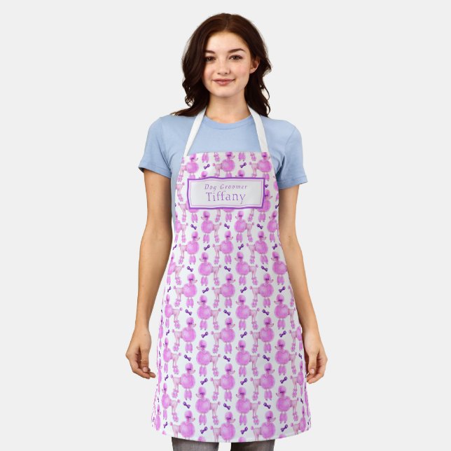 Pink poodle dog groomer personalised pattern apron (Worn)