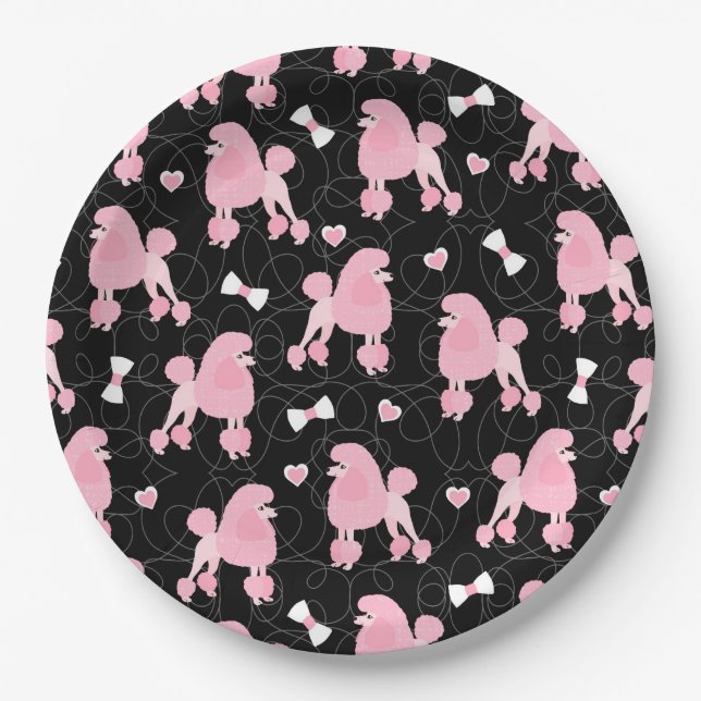 Pink Poodles and Bows Pattern Black Paper Plate (Front)