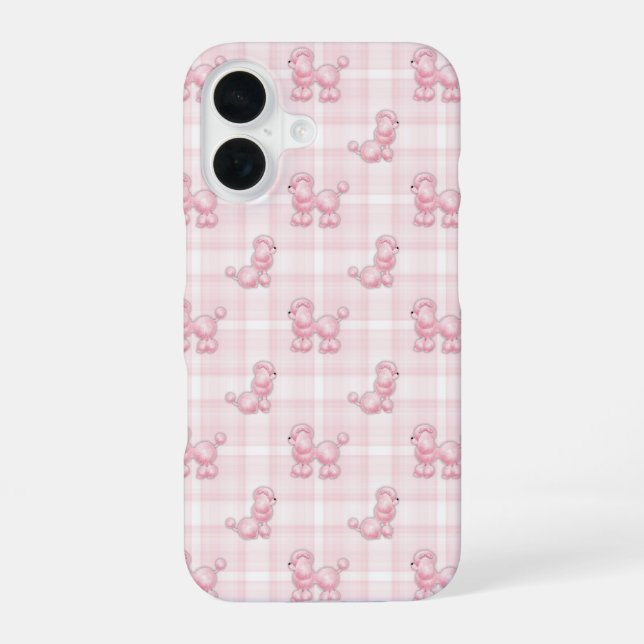 Pink Poodles On Plaid iPhone 16 Case (Back)