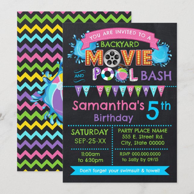 Pink Pool and Movie Birthday Summer Party Invitation (Front/Back)