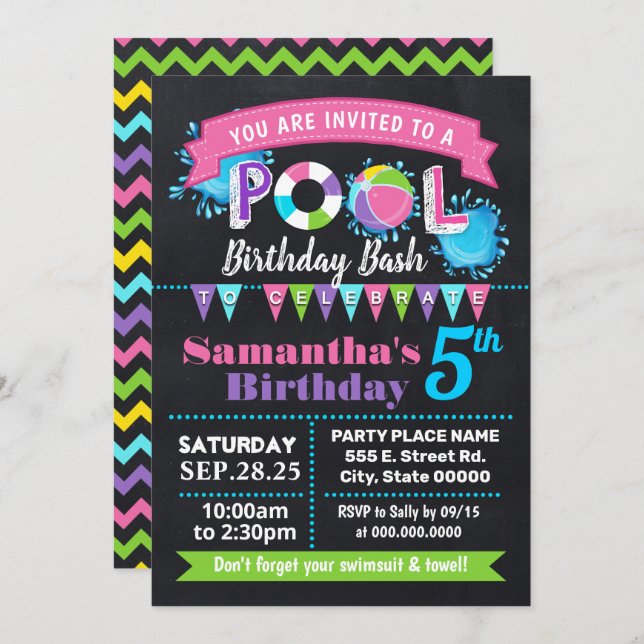 Pink Pool birthday summer bash chalkboard Invitation (Front/Back)