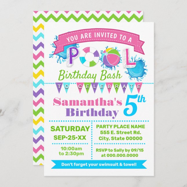 Pink Pool birthday summer bash Invitation (Front/Back)