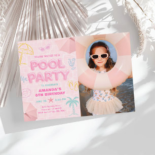 Pink Pool Party Any Year Girl Birthday Photo Invitation