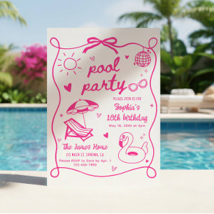 Pink Pool Party Birthday Invitation Hand Drawn
