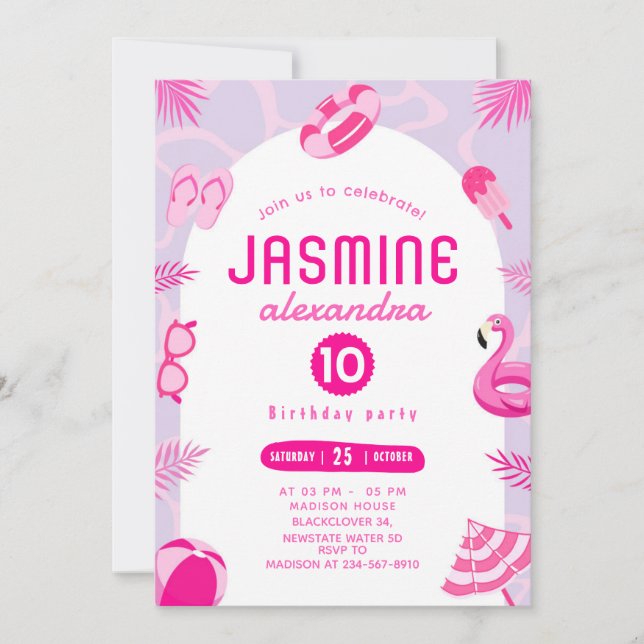  Pink Pool Party Editable Birthday Invitation (Front)