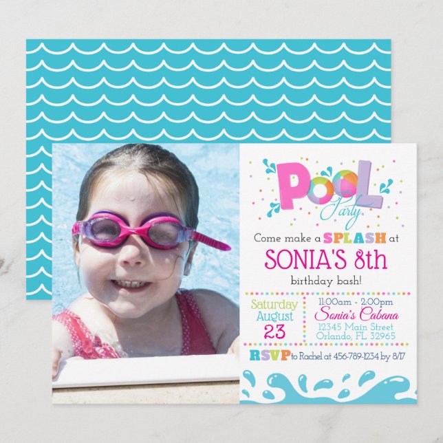 Pink Pool Party Invitaiton - Girls Pool Party Invitation (Front/Back)
