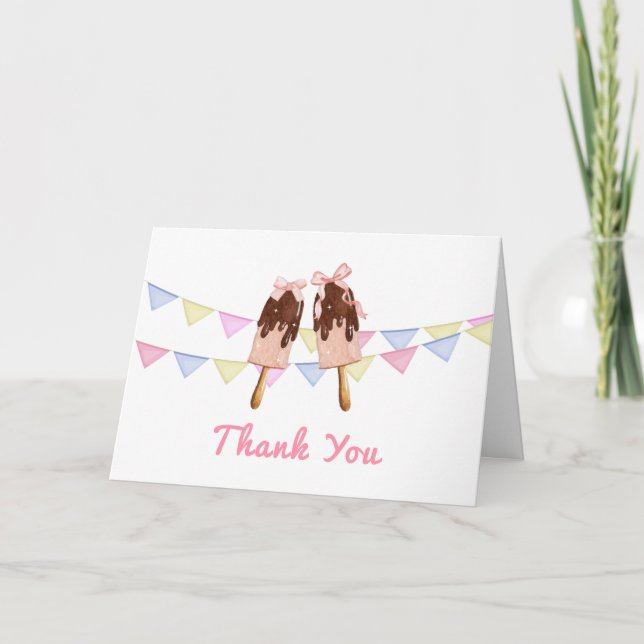 Pink Popcicle Bow Ice Cream Baby Shower  Thank You Card (Front)