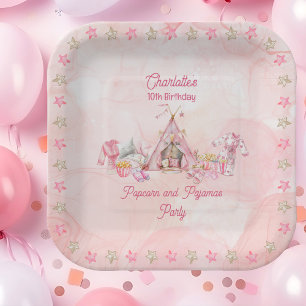 Pink Popcorn and Pajamas Slumber Birthday Party Paper Plate