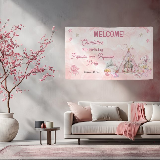 Pink Popcorn and Pyjamas Slumber Birthday Party Banner (Pink "Popcorn and Pajamas" Slumber | Sleepover Birthday Party Banner - Horizontal - Any Age)