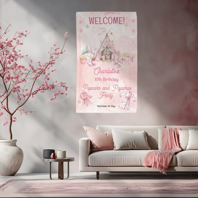 Pink Popcorn and Pyjamas Slumber Birthday Party Banner (Pink "Popcorn and Pajamas" Slumber | Sleepover Birthday Party Banner - Vertical - Any Age)
