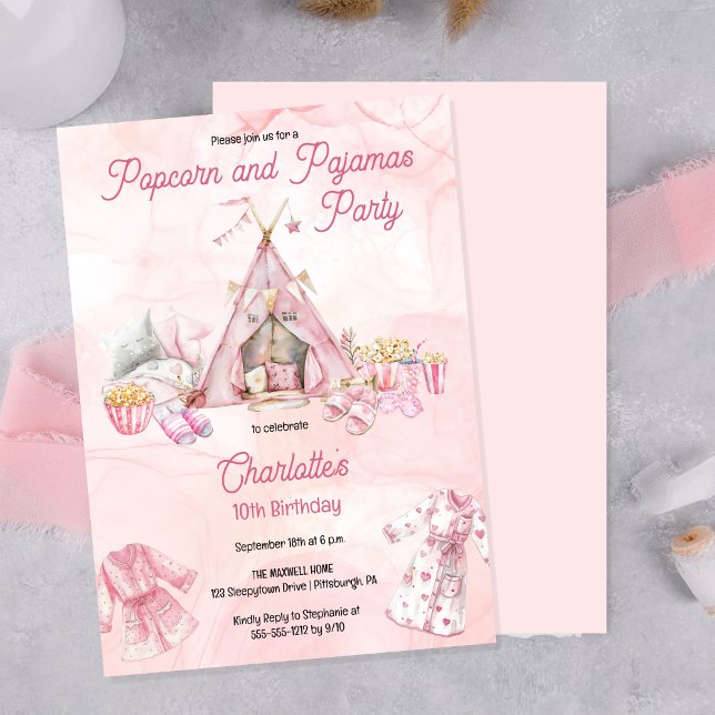 Pink Popcorn and Pyjamas Slumber Birthday Party Invitation (Cute Pink Boho  Tent Girl's "Popcorn and Pajama's [Birthday] Party" Invitation)
