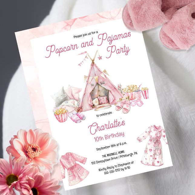 Pink Popcorn and Pyjamas Slumber Birthday Party Invitation (Cute Pink Boho  Tent Girl's "Popcorn and Pajama's [Birthday] Party" Invitation)