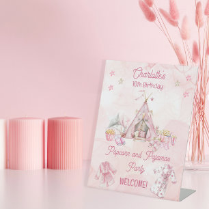 Pink Popcorn and Pyjamas Slumber Birthday Party Pedestal Sign