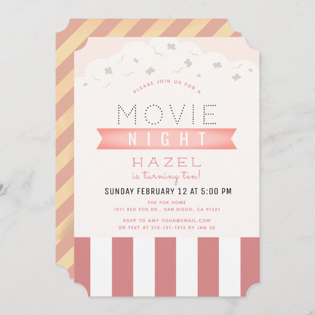 Pink Popcorn Movie Night Girl Birthday Invitation (Front/Back)