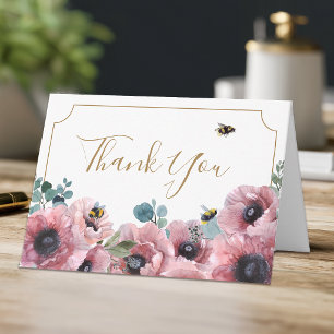 Pink Poppies and Bees Thank You Card