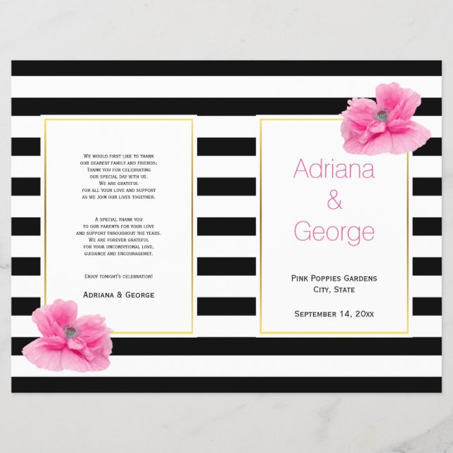 Pink poppies black white stripes wedding program flyer (Front)