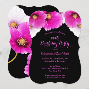 Pink Poppies floral Black Birthday Party Invitation