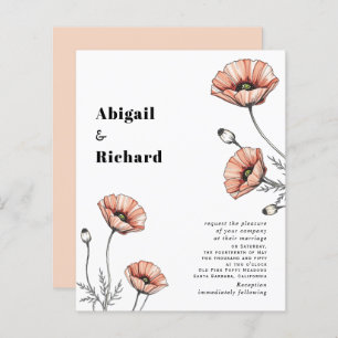 Pink poppies floral BUDGET wedding invitation