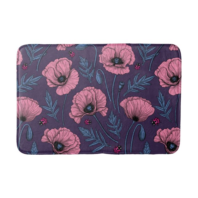 Pink poppies on dark violet bath mat (Front)