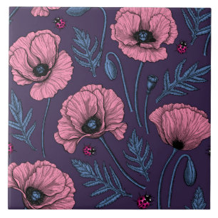 Pink poppies on dark violet ceramic tile