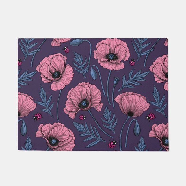 Pink poppies on dark violet doormat (Front)