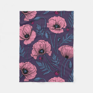 Pink poppies on dark violet fleece blanket