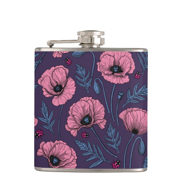 Pink poppies on dark violet hip flask (Front)