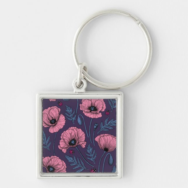 Pink poppies on dark violet key ring (Front)