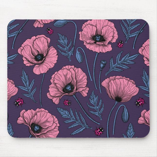 Pink poppies on dark violet mouse pad (Front)