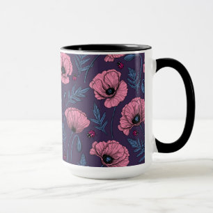 Pink poppies on dark violet mug