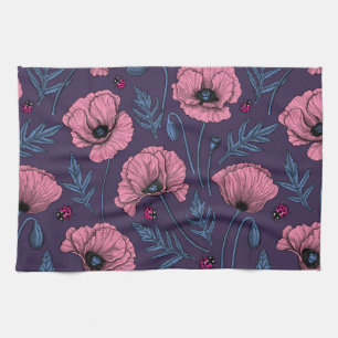 Pink poppies on dark violet tea towel
