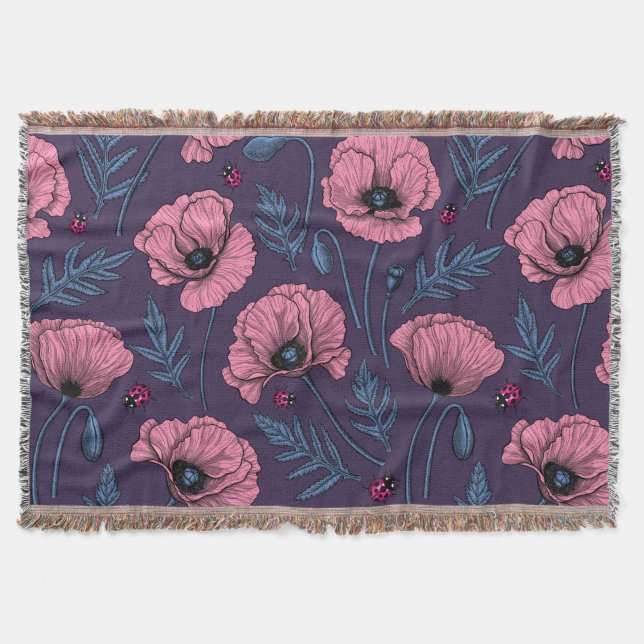 Pink poppies on dark violet throw blanket (Front)
