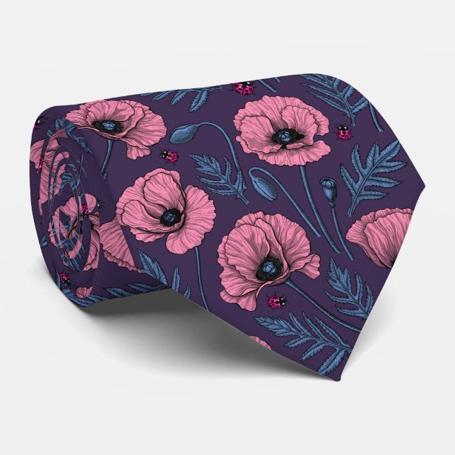 Pink poppies on dark violet tie (Rolled)