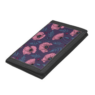 Pink poppies on dark violet trifold wallet